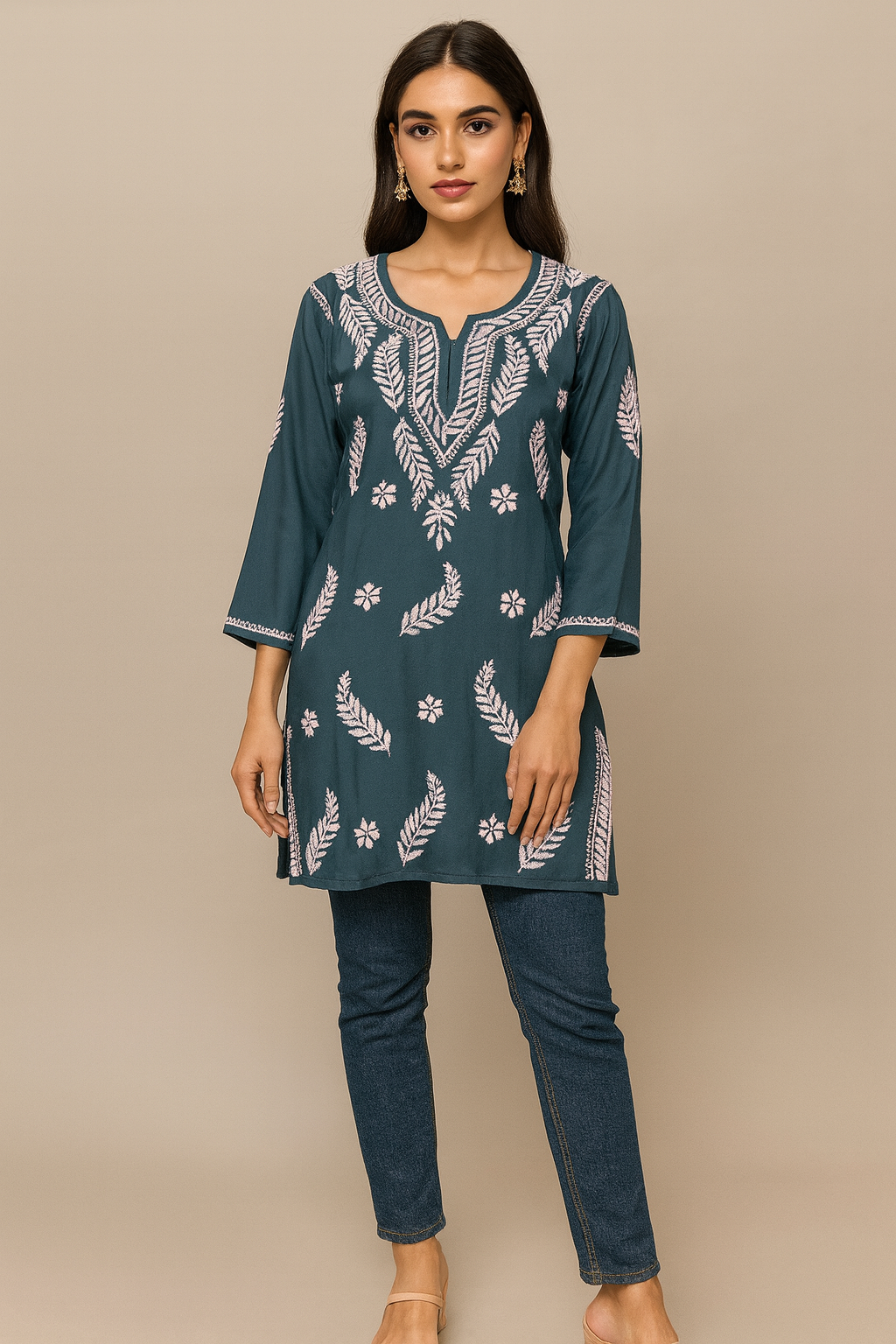 Lucknowi Chikankari Grey 'Dhoondhla' Rayon Short Kurti-T30020
