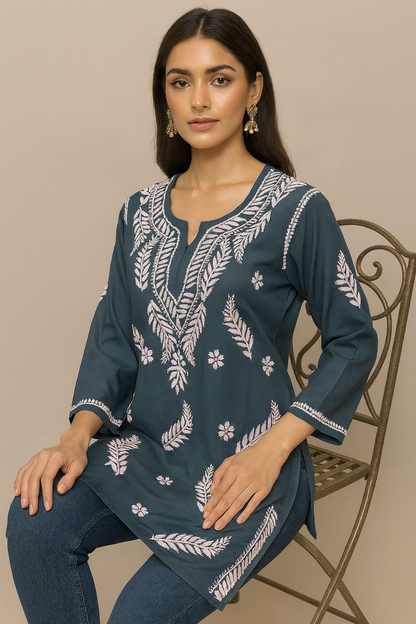 Lucknowi Chikankari Grey 'Dhoondhla' Rayon Short Kurti-T30020