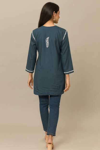 Lucknowi Chikankari Grey 'Dhoondhla' Rayon Short Kurti-T30020