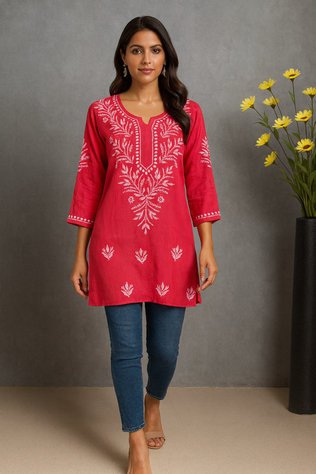 Lucknowi Chikankari Coral Pink 'Shagufta' Rayon Short Kurti-T000073