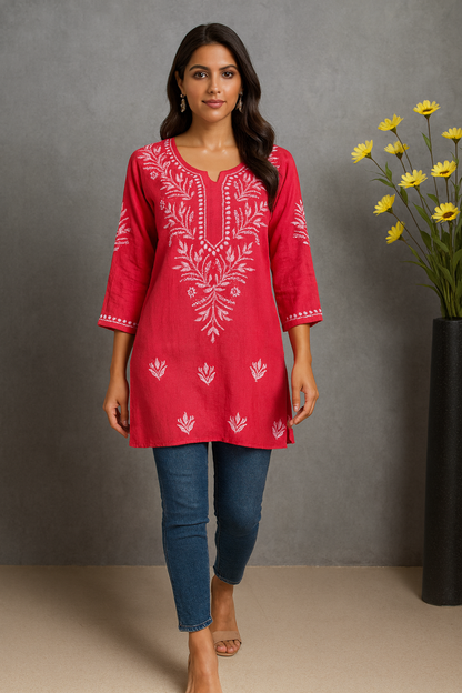 Lucknowi Chikankari Coral Pink 'Shagufta' Rayon Short Kurti-T000073