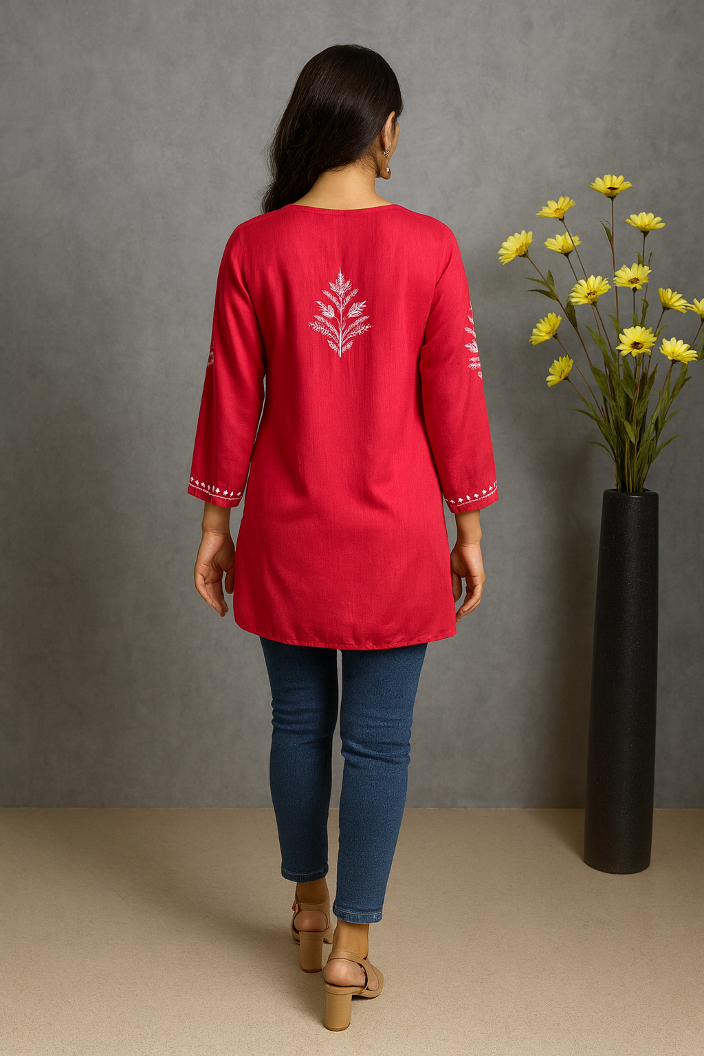 Lucknowi Chikankari Coral Pink 'Shagufta' Rayon Short Kurti-T000073