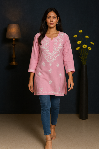 Lucknowi Chikankari Pink 'Shagufta' Rayon Short Kurti-T000074
