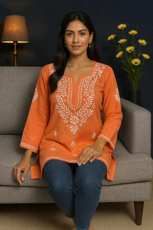 Lucknowi Chikankari Peach 'Aarooi' Rayon Short Kurti-T000075