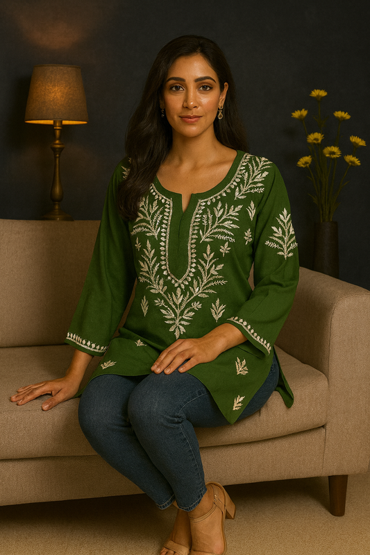 Lucknowi Chikankari Green 'Bahar' Rayon Short Kurti-T000076