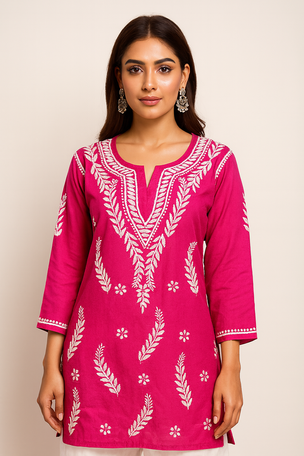 Lucknowi Chikankari Pink 'Shagufta' Rayon Short Kurti-T000078