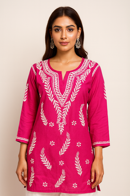 Lucknowi Chikankari Pink 'Shagufta' Rayon Short Kurti-T000078