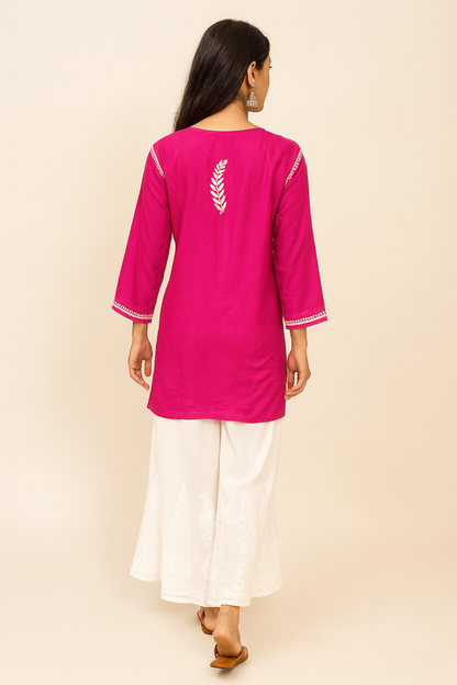 Lucknowi Chikankari Pink 'Shagufta' Rayon Short Kurti-T000078