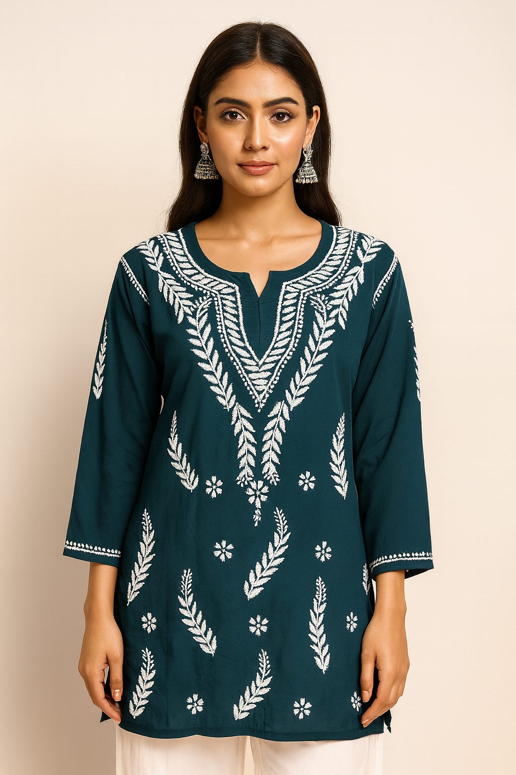 Lucknowi Chikankari Green 'Bahar' Rayon Short Kurti-T000079