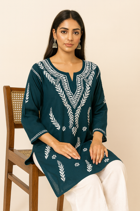Lucknowi Chikankari Green 'Bahar' Rayon Short Kurti-T000079
