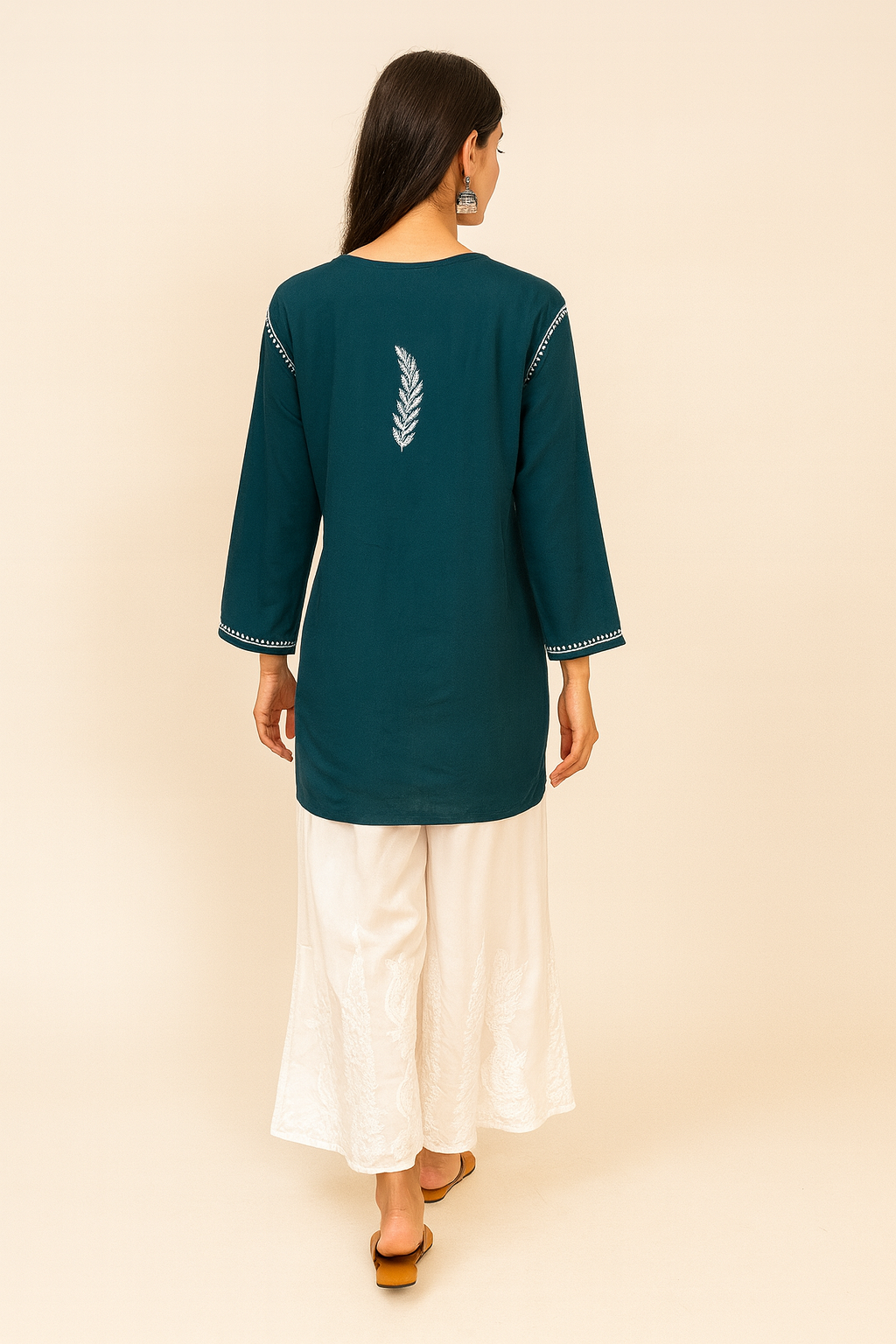 Lucknowi Chikankari Green 'Bahar' Rayon Short Kurti-T000079