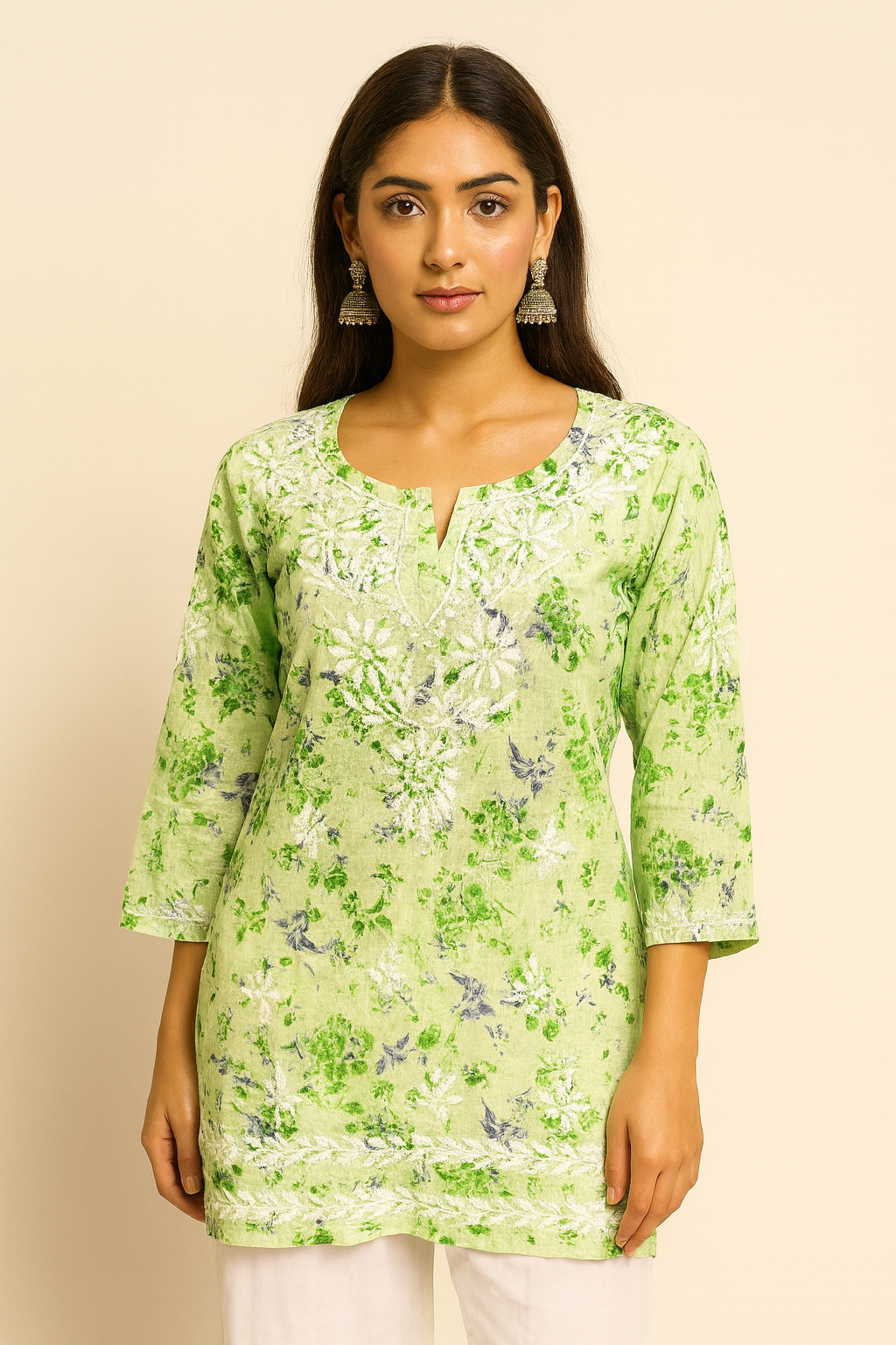 Lucknowi Chikankari Green 'Bahar' Printed Cotton Short Kurti-T000080