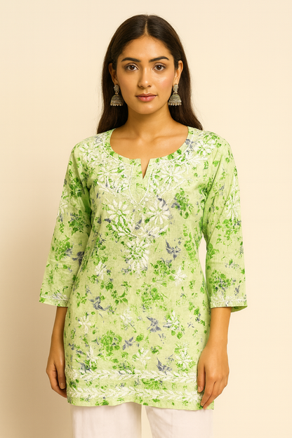 Lucknowi Chikankari Green 'Bahar' Printed Cotton Short Kurti-T000080