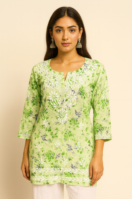 Lucknowi Chikankari Green 'Bahar' Printed Cotton Short Kurti-T000080
