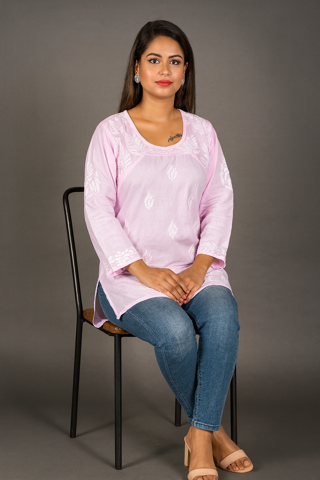 Lucknowi Chikankari Pink Cotton Short Kurti-T40008