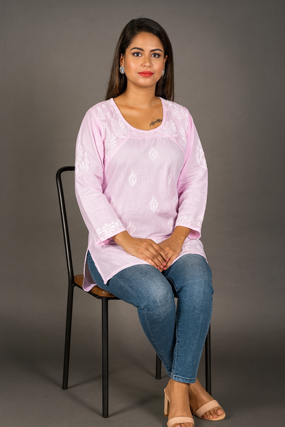 Lucknowi Chikankari Pink Cotton Short Kurti-T40008
