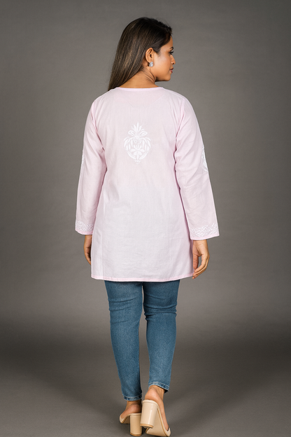 Lucknowi Chikankari Pink Cotton Short Kurti-T40008