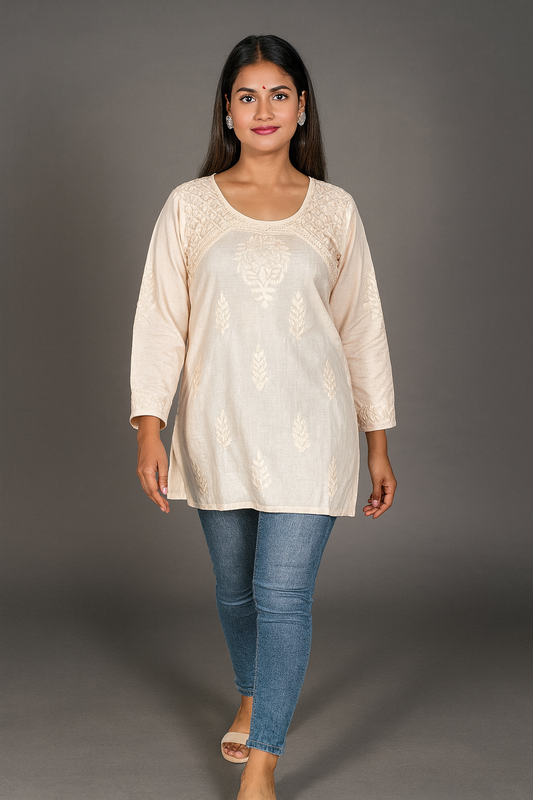 Lucknowi Chikankari Fawn Cotton Short Kurti-T40009