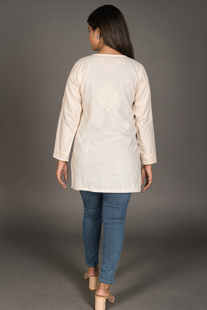 Lucknowi Chikankari Fawn Cotton Short Kurti-T40009