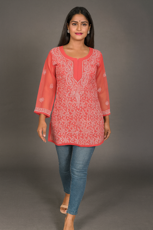 Lucknowi Chikankari Coral Pink 'Shagufta' Georgette Short Kurti-T40010