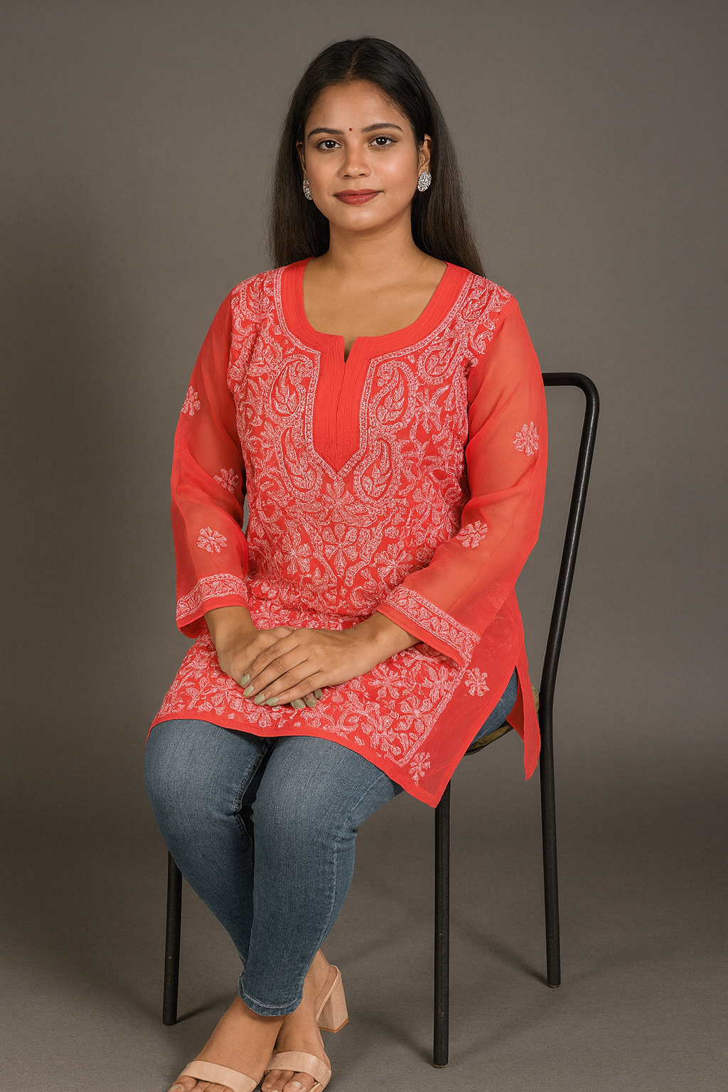 Lucknowi Chikankari Coral Pink 'Shagufta' Georgette Short Kurti-T40010