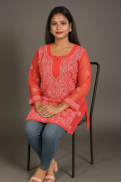 Lucknowi Chikankari Coral Pink 'Shagufta' Georgette Short Kurti-T40010