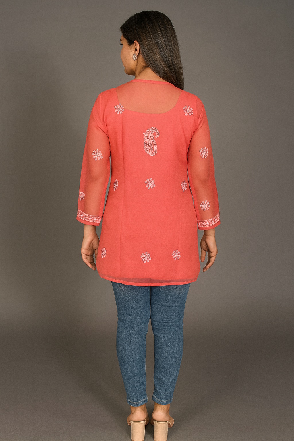 Lucknowi Chikankari Coral Pink 'Shagufta' Georgette Short Kurti-T40010
