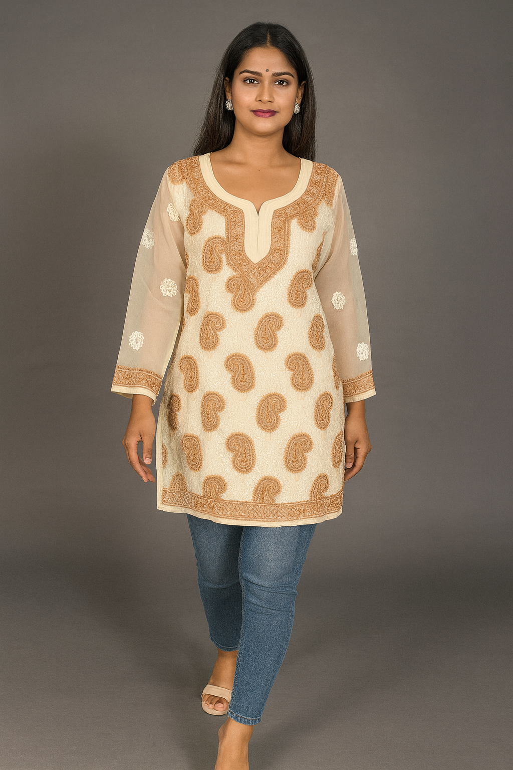 Lucknowi Chikankari Fawn 'Karimi' Georgette Short Kurti-T40011