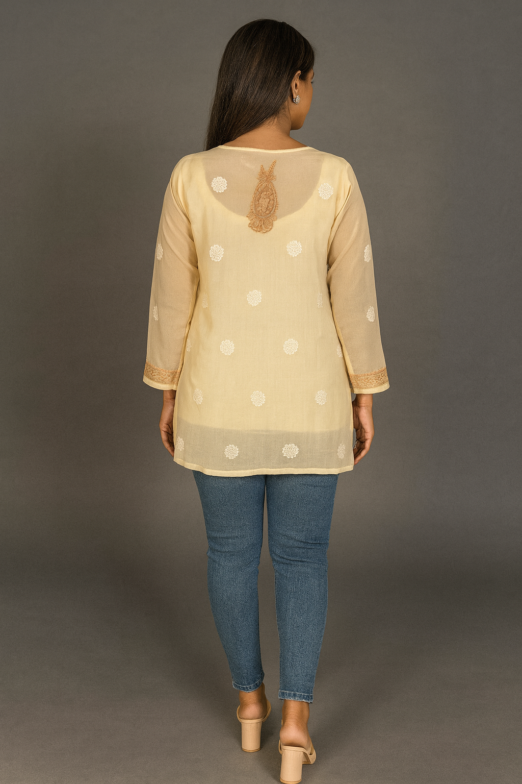 Lucknowi Chikankari Fawn 'Karimi' Georgette Short Kurti-T40011