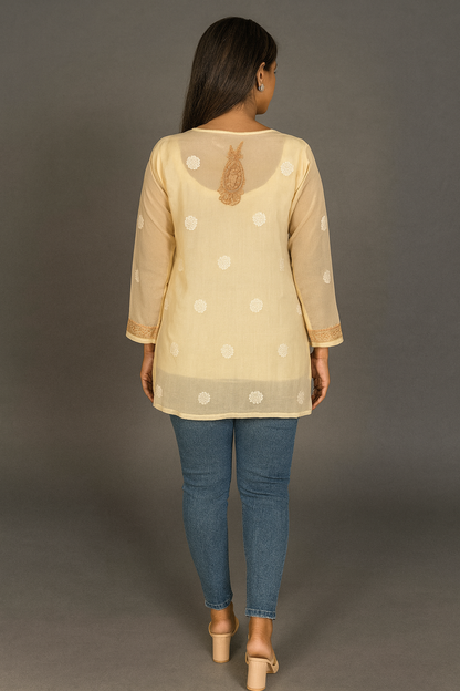 Lucknowi Chikankari Fawn 'Karimi' Georgette Short Kurti-T40011