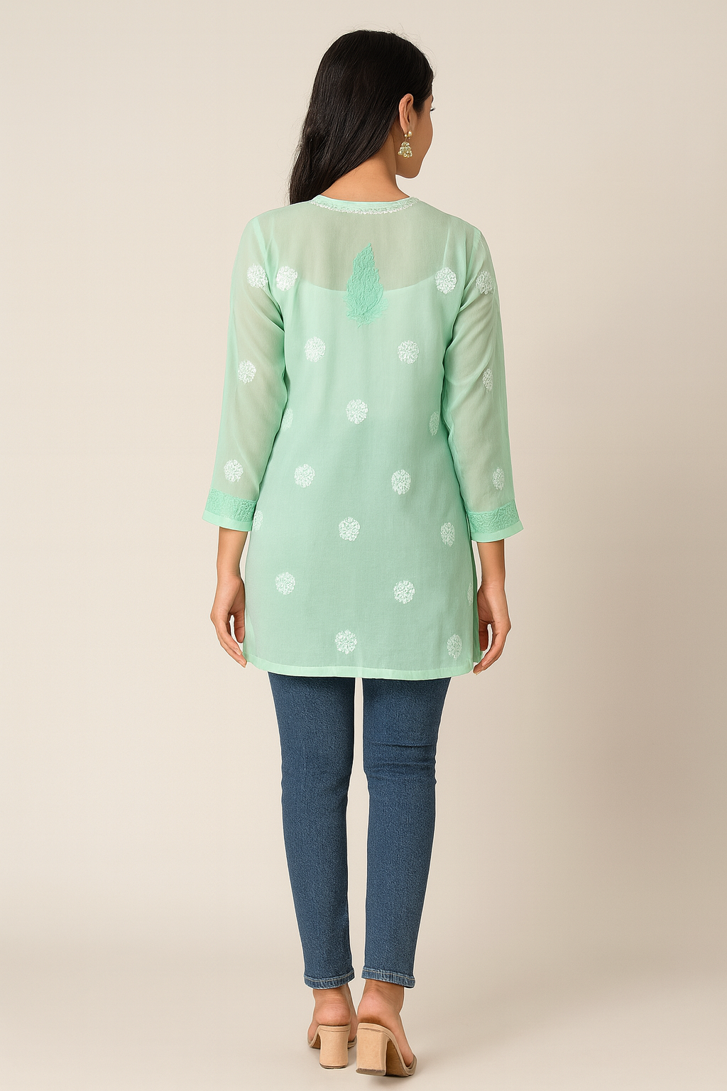 Lucknowi Chikankari Green 'Bahar' Georgette Short Kurti-T40001