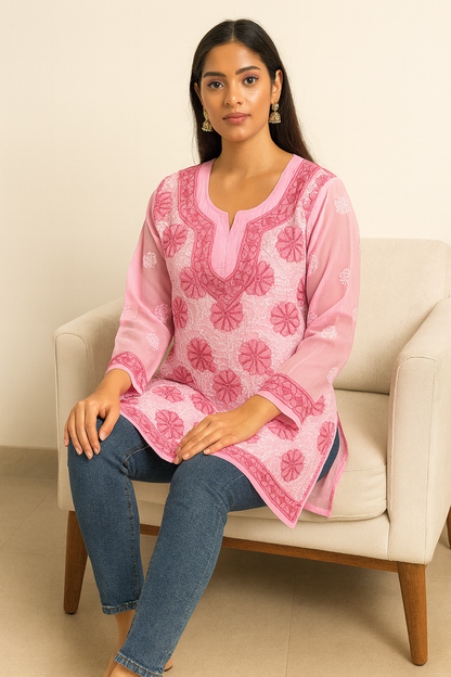 Lucknowi Chikankari Pink 'Shagufta' Georgette Short Kurti-T40002