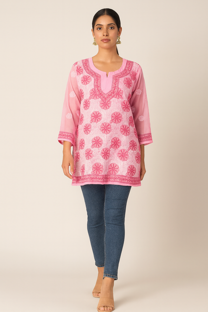 Lucknowi Chikankari Pink 'Shagufta' Georgette Short Kurti-T40002