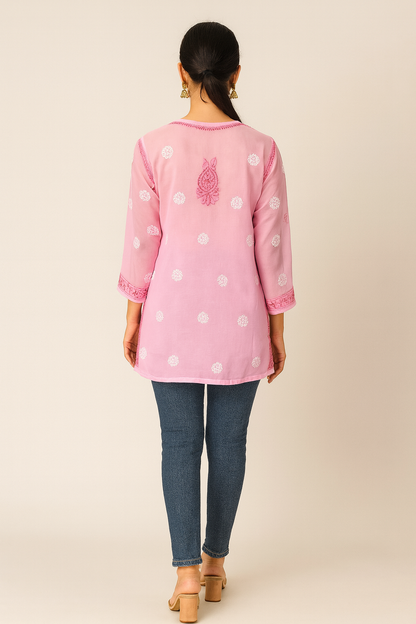 Lucknowi Chikankari Pink 'Shagufta' Georgette Short Kurti-T40002