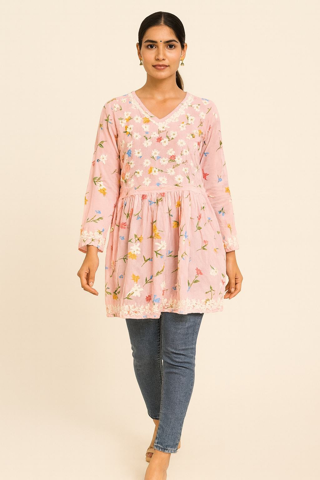 Lucknowi Chikankari Pink 'Shagufta' Printed Georgette Angrakha Styled Short Kurti-T40004