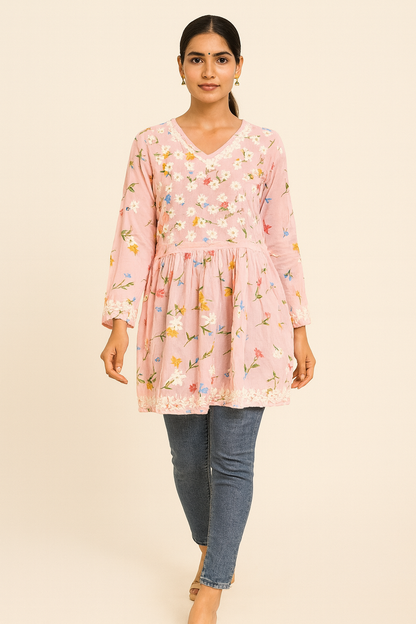 Lucknowi Chikankari Pink 'Shagufta' Printed Georgette Angrakha Styled Short Kurti-T40004