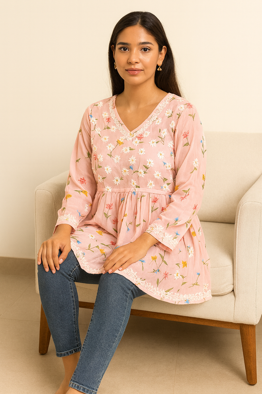 Lucknowi Chikankari Pink 'Shagufta' Printed Georgette Angrakha Styled Short Kurti-T40004