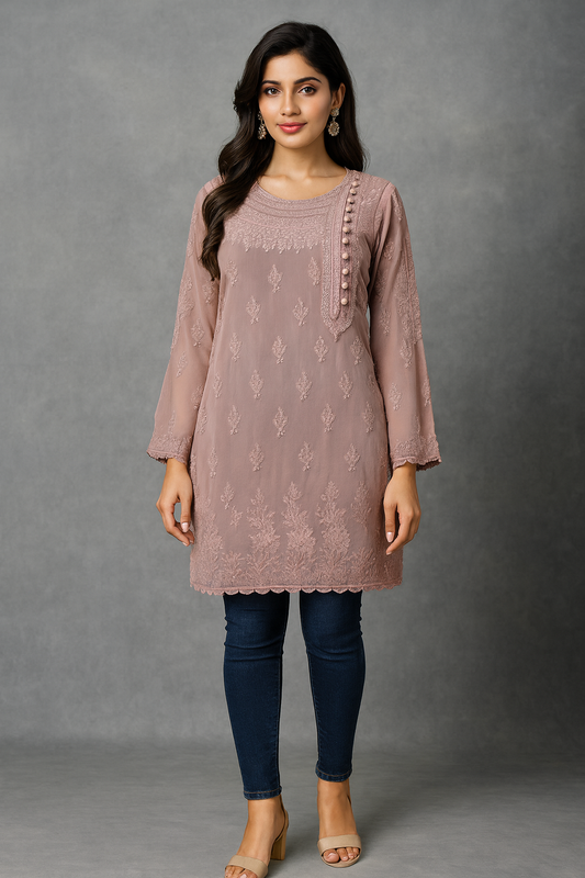 Lucknowi Chikankari Shaded Mauve Viscose Short Kurti-T40013