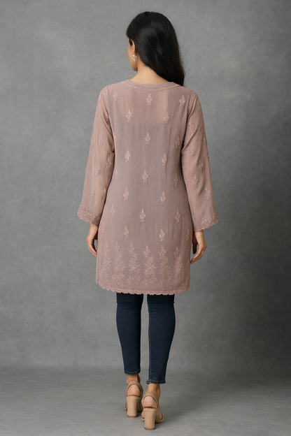 Lucknowi Chikankari Shaded Mauve Viscose Short Kurti-T40013