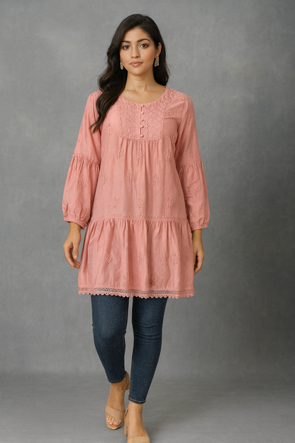 Lucknowi Chikankari Peach Muslin Short Kurti-T40015