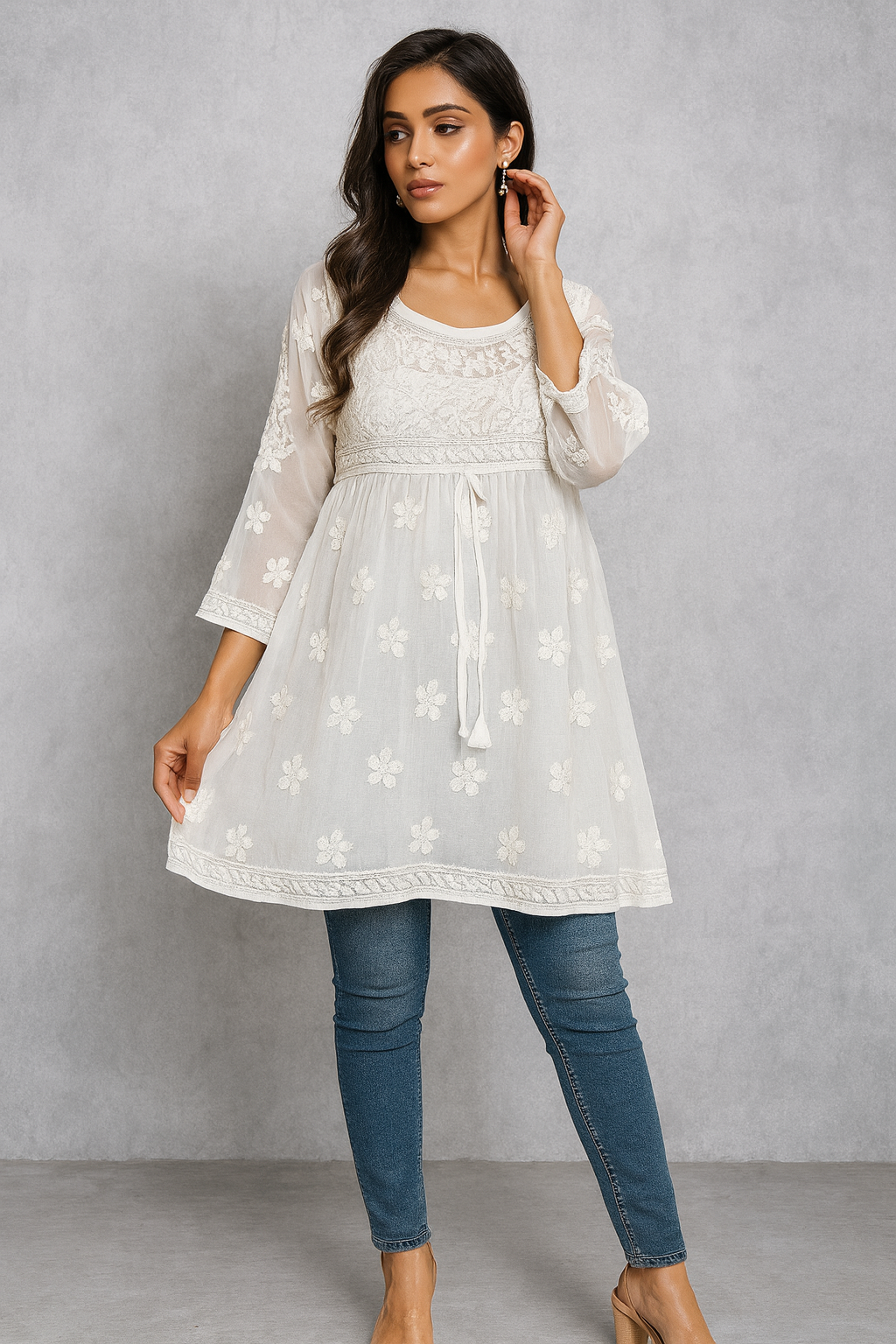 Lucknowi Chikankari White Georgette Short Kurti-T40012