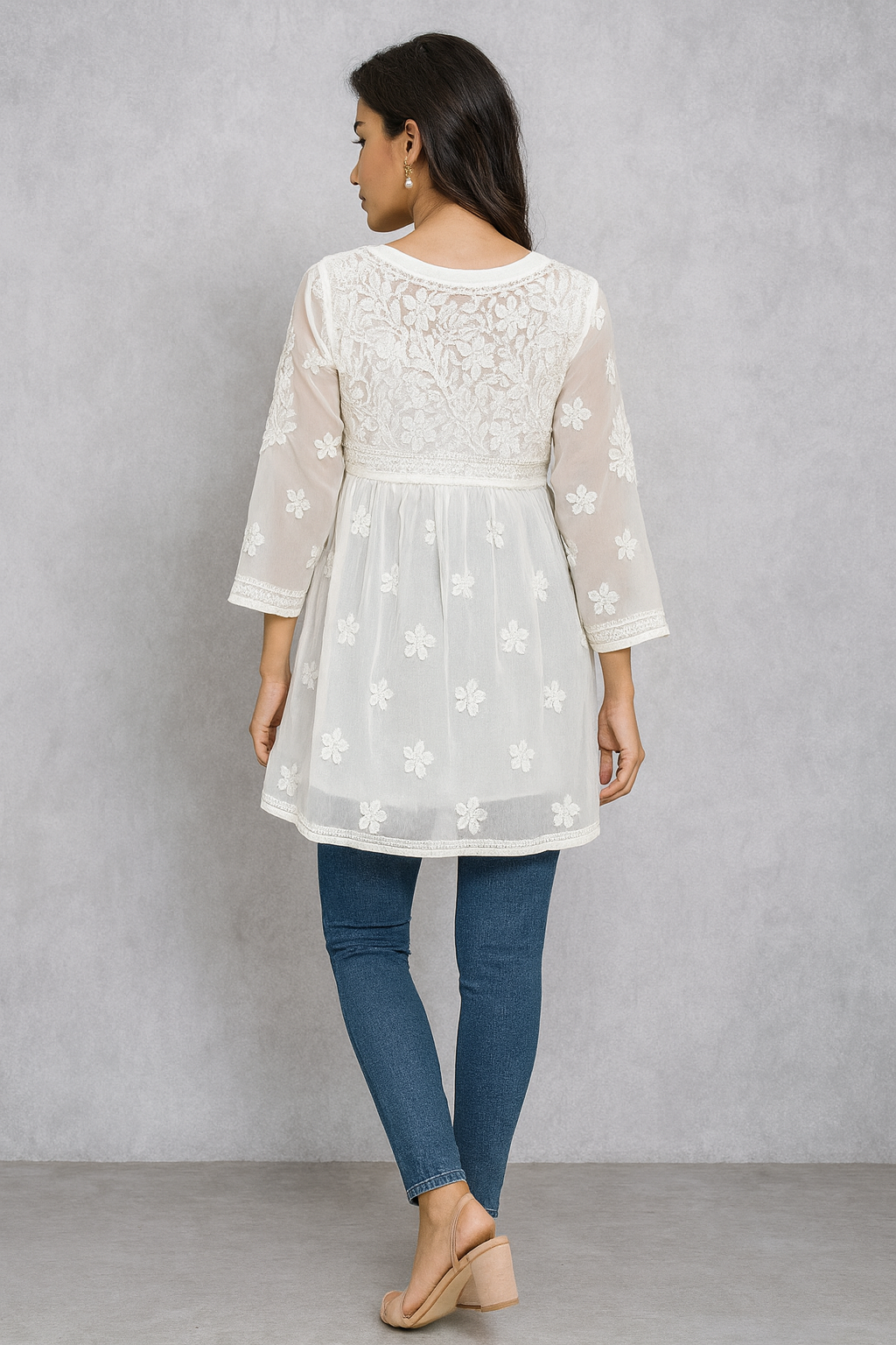Lucknowi Chikankari White Georgette Short Kurti-T40012