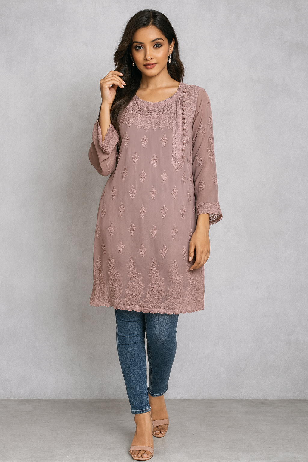 Lucknowi Chikankari Shaded Mauve Viscose Short Kurti-T40013