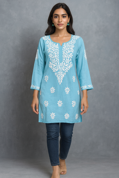 Lucknowi Chikankari Blue 'Aab-e-Asmaan' Modal Short Kurti-T40024