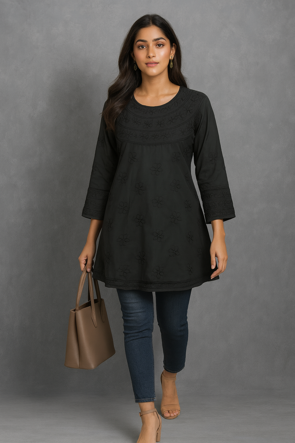 Lucknowi Chikankari Black Cotton Short Kurti-T50001