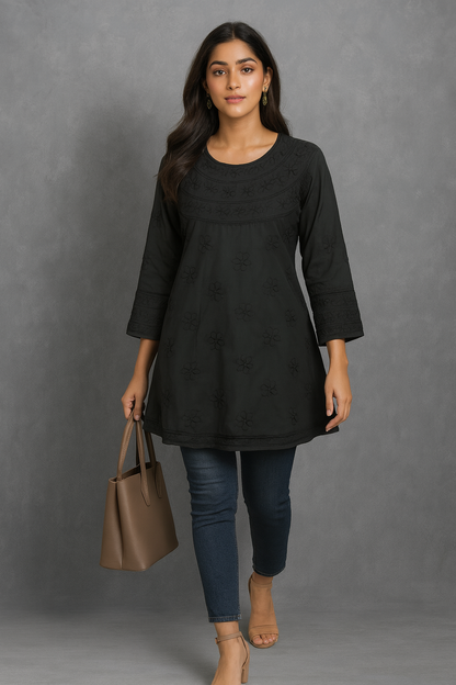 Lucknowi Chikankari Black Cotton Short Kurti-T50001