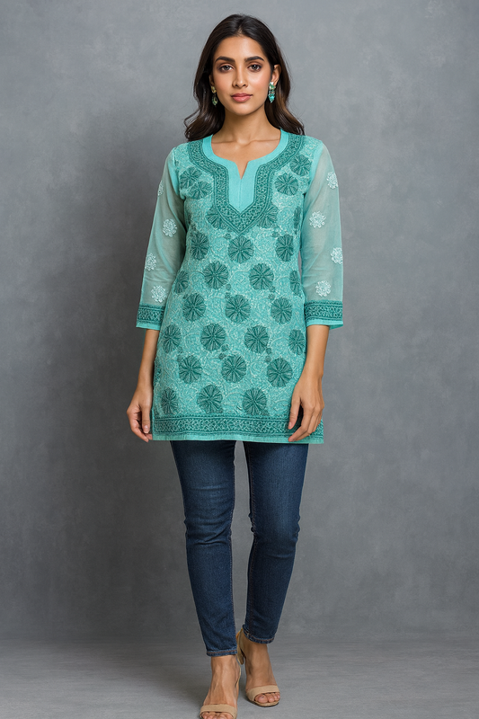 Lucknowi Chikankari Green 'Bahar' Georgette Short Kurti-T40023