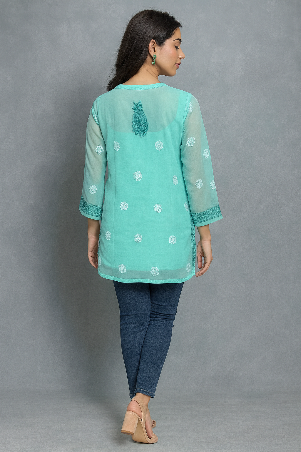 Lucknowi Chikankari Green 'Bahar' Georgette Short Kurti-T40023