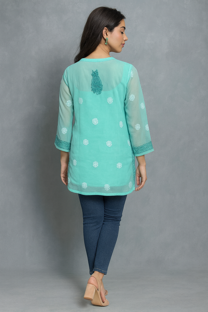 Lucknowi Chikankari Green 'Bahar' Georgette Short Kurti-T40023