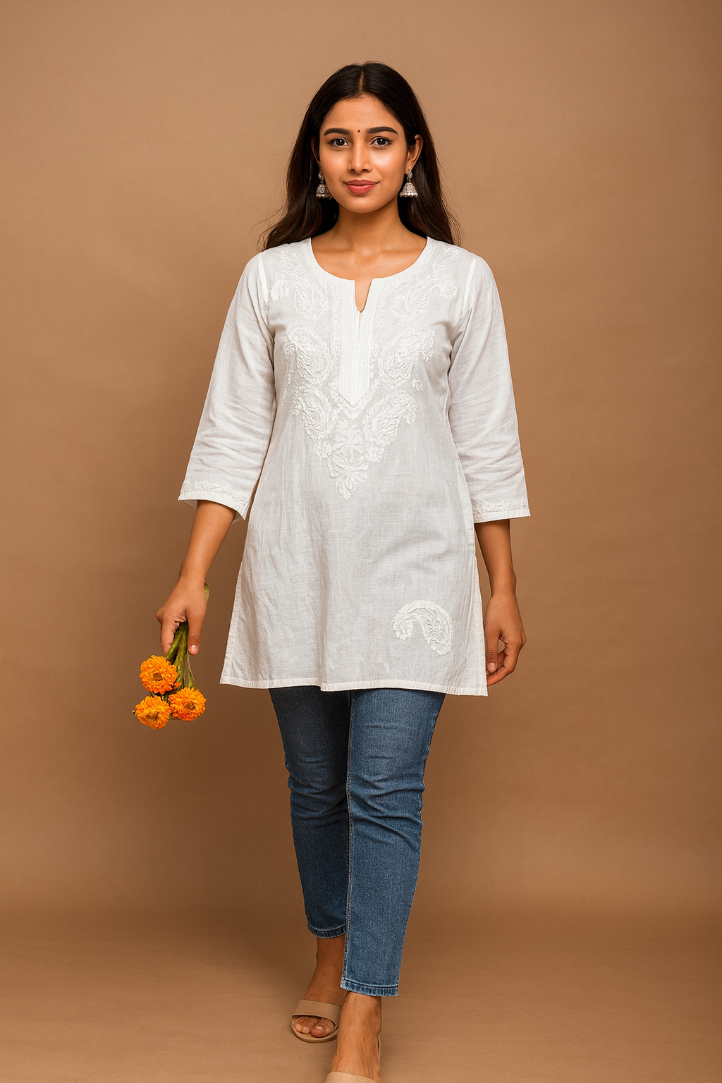Lucknowi Chikankari White Cotton Short Kurti-T50006